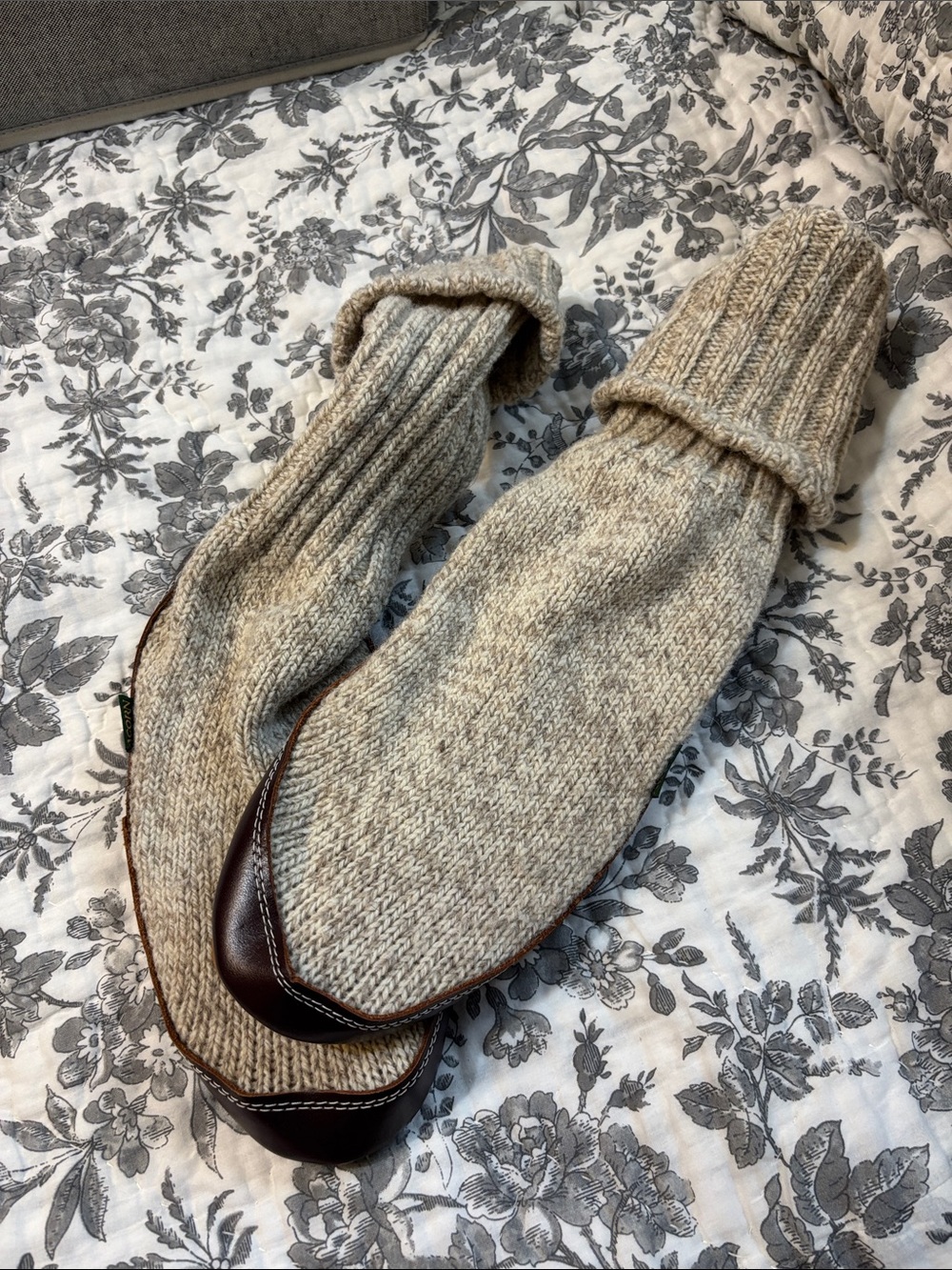 Acorn Beige Knit Boot Slippers with Brown Leather Toe
